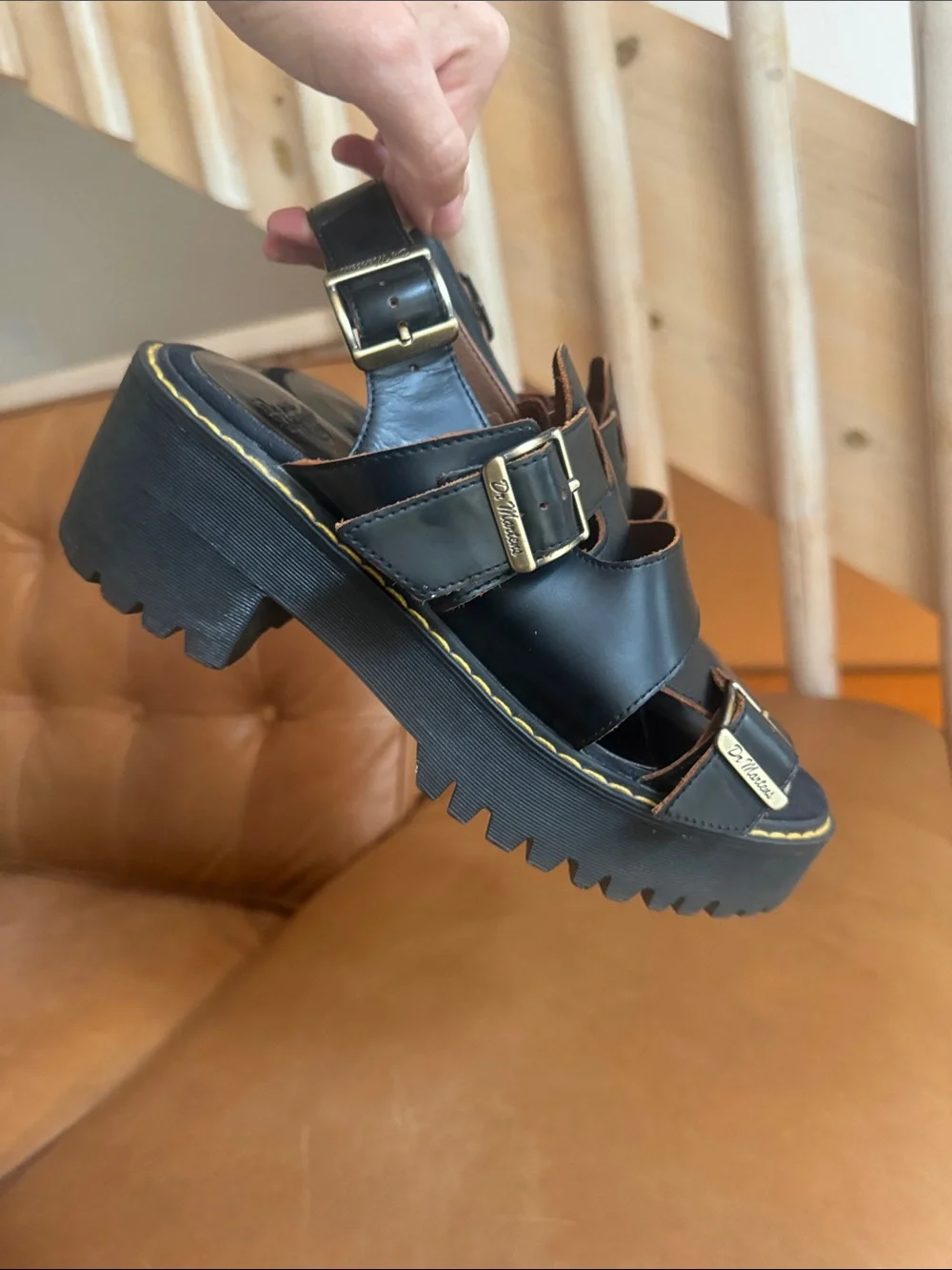 Dr. Martens Ariel Vintage Smooth Black Leather Buckle Platform Sandals